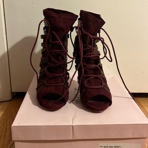 JustFab, Burgundy, Peep-Toe, heeled booties